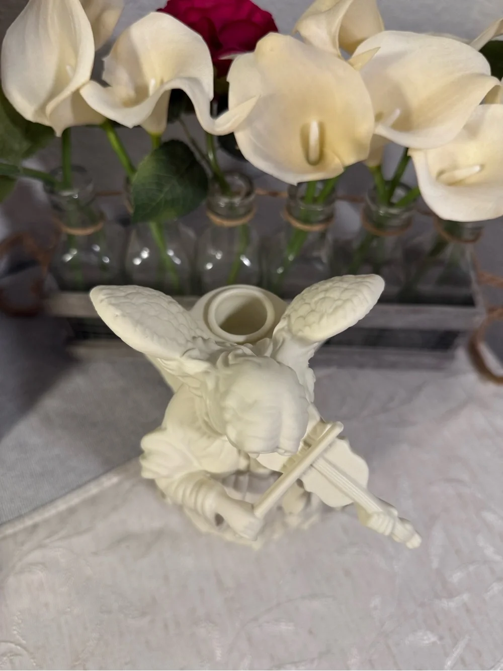 1 of 2 Partylite Felicity Angel Playing Violin Bisque Porcelain Taper Can Holder